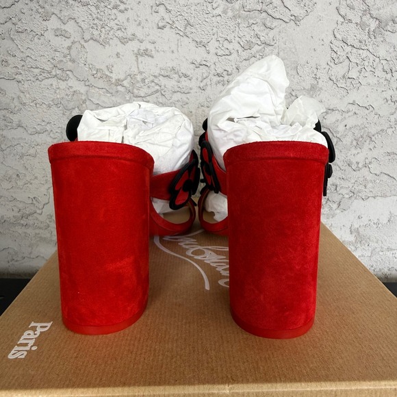 Christian Louboutin Tres Pansy 85 Suede Sandals Womens 42 Red Black Brand NEW - Picture 6 of 12